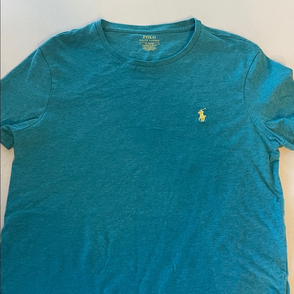 Polo by Ralph Lauren Men's Teal Short Sleeve Tee custom slim fit with yellow